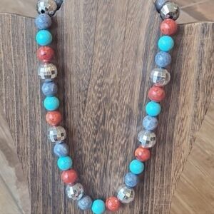 Turquoise Howlite, Red, Blue, & Silver Beaded Necklace